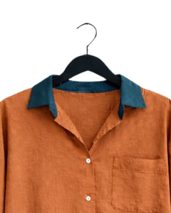 Ensemble deux pièces décontracté pour femme : chemise orange rouille et pantalon large bleu marine en coton et lin – Fabricant OEM personnalisé - Product Image 6