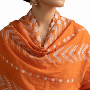 Women Orange Cotton for Voile <b>Shawl</b> with Floral Embroidery Rhinestone Ethnic Scarf Breathable Daily Wear Fashion Wrap - Product Image 1