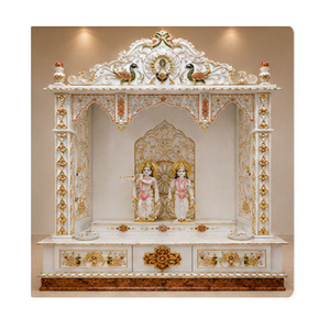 Customized Radha Krishna Temple for Home White And Gold Pooja <b>Mandir</b> With Peacock Carvings With Storage Drawers Puja Unit Sydney - Product Image 1