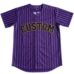Purple pinstripe baseball sports jersey Breathable cotton short sleeve v neck full button vintage <b>athletic</b> fit sports jersey - Product Image 1