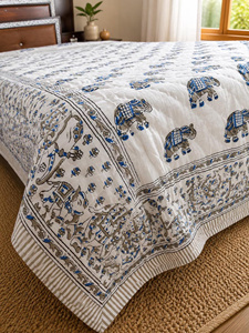 Hand Block Print Elephant Jaipuri Razai <b>Quilt</b> Reversible Double Bed <b>Indian</b> Cotton Comforter Handmade Boho Bedding - Product Image 6