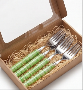 Fourchette en acier inoxydable à manche rayé vert, couverts modernes pour la maison, les mariages et les cafés - Product Image 6