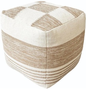 Pouf ottoman décoratif minimaliste à motif de feuillage |   Fauteuil mobile de salon en tissu coton et bambou, rembourré de billes de PU, fait main - Product Image 2