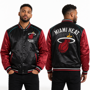Veste de baseball en satin noir, couleur de l'équipe de basket de Miami, broderie personnalisée, vêtements d'équipe sportive, fabricant en gros - Product Image 1