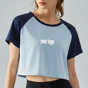 Wholesale Women's Light Blue Navy Color Block Short Sleeve Crop <b>Top</b> O-Neck <b>Raglan</b> Sporty T-Shirt Quick Dry Knitted Regular Fit - Product Image 4