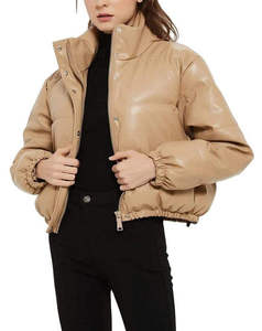 Unisex Beige PU Puffer <b>Jacket</b> Stand Collar Zipper Closure Thick Windproof Winter Coat Casual Short Length Solid Color - Product Image 2