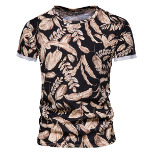 T-shirt décontracté pour homme, bleu marine, imprimé bambou, coupe ajustée, manches courtes, col rond, en polyester tricoté, respirant - Product Image 4