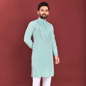 Conjunto de Kurta de seda suave con trabajo artesanal de espejos reales en el cuello y las mangas, y pijama de algodón, precio al por mayor por Royal Export. - Product Image 1
