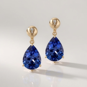 Pendientes de Oro 9K con Tanzanita en Forma de Pera, con Bola Pulida y Detalle de Diamante, Joyería Fina OEM Platino - Product Image 1