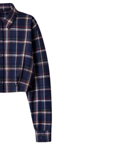 Chemisier court personnalisé bleu marine à carreaux pour femme, col rabattu, manches longues, boutonné, décontracté, fabrication sur mesure - Product Image 4