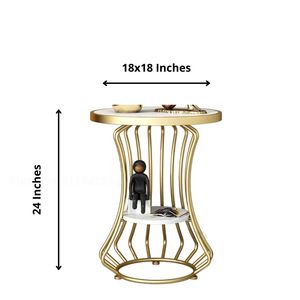 Mesa Auxiliar Redonda de Metal Dorado de Lujo con Tapa de Mármol Blanco y Estante Inferior para Sala de Estar, Dormitorio, Muebles de Hotel - Product Image 1