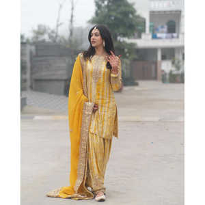 Conjunto de Salwar Kameez de Seda con Top-Patiala y Dupatta, con Estampado Digital y Bordado Pesado con Lentejuelas, para Fiesta, Talla XL - Product Image 3