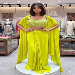 Crêpe français tendance avec miroir véritable et broderies, jupe prête à porter, chemisier sans manches, boléro long - Fournisseur indien - Product Image 1