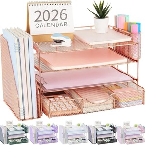 Organisateur de bureau rectangulaire en acier doré rose - Solution de rangement multi-niveaux - Design moderne du milieu du siècle - Artisanat en bois Aqudus - Product Image 1