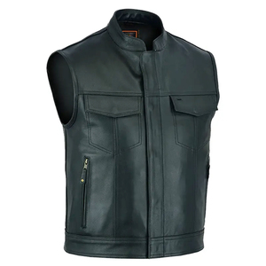 Premium <b>Men's</b> Motorcycle Genuine <b>Leather</b> <b>Vest</b> Biker Style Sleeveless Jacket Slim Fit Casual Waistcoat with Multi-Pockets Black - Product Image 4