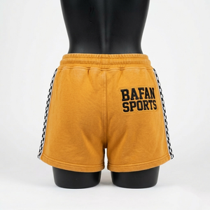 <b>Women</b> Booty <b>Shorts</b> 280 GSM Cotton Polyester Fleece Mustard Yellow <b>Checkered</b> Side Panels Custom Logo <b>women's</b> <b>shorts</b> - Product Image 5