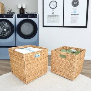 ISLA Set of 3 Foldable Cube WaterHyacinth Storage Baskets with Handles <b>Collapsible</b> Wicker Handwoven Organizer <b>Bins</b> Wholesale OEM - Product Image 4