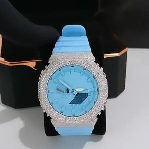 Boîtier de montre GA2100 couleur or rose personnalisé, serti de moissanite colorée, bracelet trèfle en moissanite VVS, ensemble de bijoux de luxe - Product Image 1