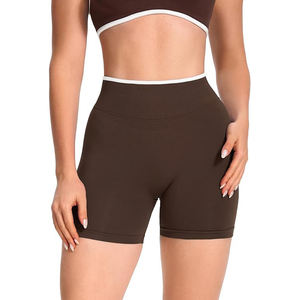 Short de yoga taille haute élastique sans couture à motif écossais marron grande taille avec effet froncé fessier et contrôle du ventre pour femme - Product Image 2
