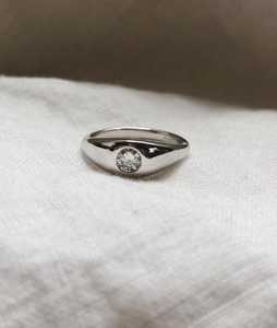 Diamond Engagement <b>Ring</b> Bezel Set 7mm Wide <b>Dome</b> Dainty Minimalist Round Lab Grown Solitaire Signet Bands Jewelry 14K Solid Gold - Product Image 3