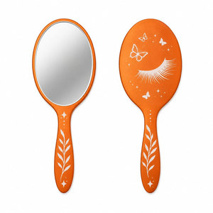 Oval Handheld Makeup <b>Mirror</b> with Butterfly and Moon Design Orange Plastic Frame Single Side Desktop <b>Mirror</b> - Product Image 1