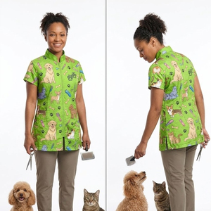 Blouse de toilettage pour femme en coton polyester sublimé, à manches courtes, avec fermeture éclair et col montant, durable et antistatique - Product Image 4