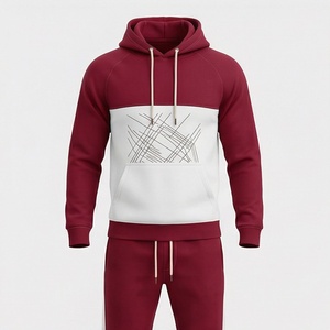 Men's Hooded <b>Tracksuit</b> Set Maroon White Geometric Print Casual Full Sleeve Autumn Wear Breathable Polyester Cotton Regular Fit - Product Image 1