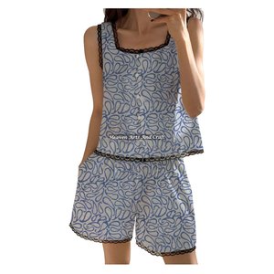 Excellent Quality Print Hand Block Print Lace <b>Trim</b> Shorts Pajama Set Cotton Spring/Summer Floral Sleeveless Pj Set Block Printed - Product Image 2