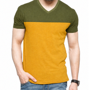 T-shirt homme col V bicolore très demandé, vert olive et jaune, manches courtes - Product Image 1
