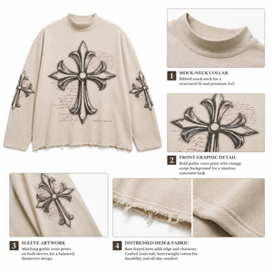 เสื้อยืดแขนยาวโอเวอร์ไซส์สไตล์สตรีทแวร์ผู้ชายลายกางเขนโกธิควินเทจ คอเต่า ผ้าฝ้ายสไตล์กรันจ์ ฮิปฮอป - Product Image 6