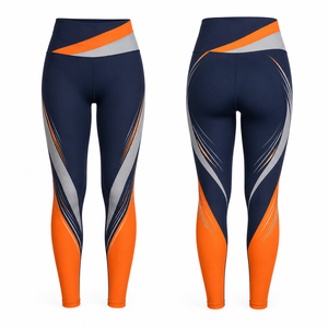 Leggings de Yoga de Cintura Alta, Largos, con Bloques de Color Naranja, Azul Marino y Gris, Estampado por Sublimación, Pantalones Elásticos en Cuatro Direcciones - Product Image 1