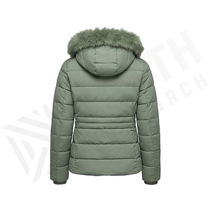 Hooded Quilted Jacket Women Winter Green Fur Trim Full Sleeve Windproof Polyester Filling Regular Length Zipper Closure - Product Image 2