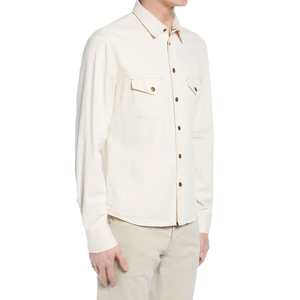 เสื้อเชิ้ตผู้ชายผ้าคอตตอนเจอร์ซีย์สีน้ำเงินเข้ม แต่งแถบสีแดงที่ไหล่ สไตล์ตะวันตก แขนยาว ติดกระดุม พรีเมียมลำลอง - Product Image 4