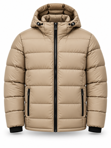 Blouson matelassé à capuche beige pour homme, chaud, coupe-vent, décontracté, fermeture éclair frontale, couleur unie, rembourrage en polyester épais, coupe régulière - Product Image 1