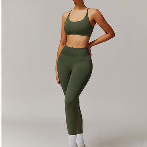 Conjunto de Yoga sin Costuras de 2 Piezas, Top Corto de Cintura Alta y Leggings de Color Sólido con Espalda Cruzada, Ropa Deportiva para Mujer - Product Image 3