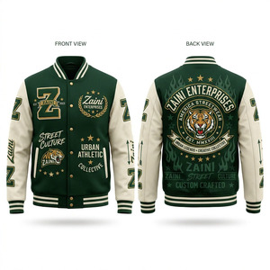 Veste universitaire en mélange de laine premium 500 GSM, vert crème, manches contrastées, empiècements en tricot côtelé, logo chenille personnalisé - Product Image 1