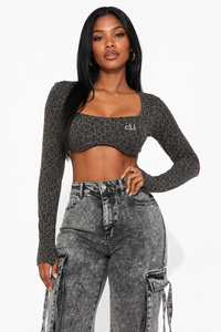 Deep Scooped Neckline Women's Cropped <b>Top</b> Custom DTG Printed Full Sleeves Trendy Blouse Slim Fitted Summer Spring Lifestyle <b>Tops</b> - Product Image 4