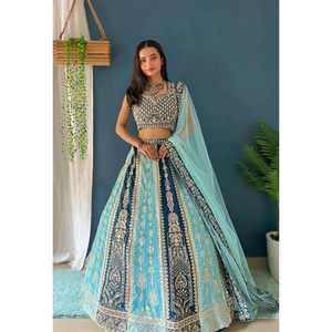FANCY GEORGETTE BORDADO SECUENCIA ZARI TRABAJO LEHENGA CHOLI CON DUPATTA SKY - Product Image 1