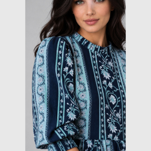 Robe longue bleue à rayures florales pour femme avec manches bouffantes, taille peplum et jupe à volants - Product Image 5