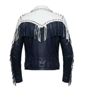 Men's Black And White Genuine Leather <b>Biker</b> <b>Jacket</b> With Fringe Rivet Zipper Closure Regular Fit Autumn Wear - Product Image 6