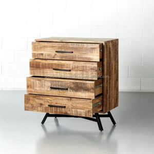 Meuble bar en bois style loft urbain avec base en métal industriel, finition chêne rustique, coffre de rangement pour spiritueux - Unité à 4 tiroirs - Product Image 3