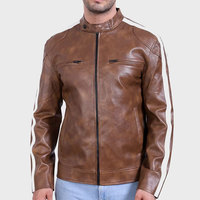 Blouson aviateur en cuir marron pour homme avec rayures blanches, col montant, fermeture éclair, coupe ajustée, style hiver, logo frontal