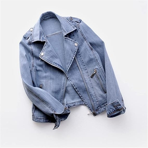 Women's <b>Denim</b> <b>Jacket</b> Light Wash Stonewashed Casual Zipper Front Regular Fit Autumn Style Solid Color Cotton Fabric - Product Image 1