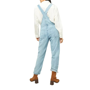 Medium Denim Long Denim <b>Jumpsuit</b> <b>With</b> Neckline Sleeveless Straight Cut Leg and Square <b>Pockets</b> on the Front White Overall Shorts - Product Image 5