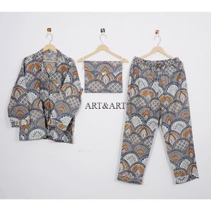 Conjunto de Pijama de Algodón Ligero Estampado a Mano para Mujer, Tela Suave, Transpirable y de Secado Rápido, para Todas las Temporadas, Relajante, Informal para Dormir - Product Image 1