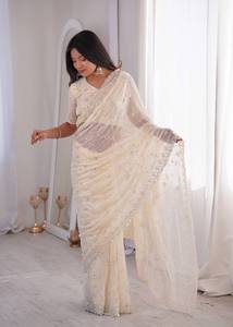 Pallu de boda de calidad original con cuentas pesadas auténticas, moti y hilos, con bordes de trabajo artesanal de fantasía. - Product Image 3