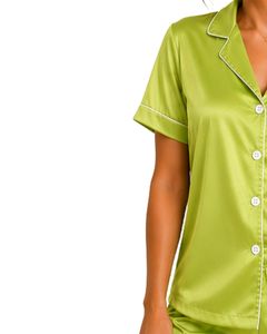 Manufacturer Custom Lime <b>Green</b> Satin Pajama Set Women <b>Silk</b> Sleepwear Soft Short Sleeve Embroidered Lounge Nightwear Outfit Set - Product Image 3