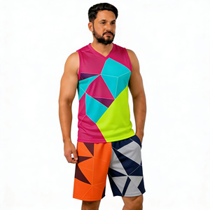 Men's Geometric Print Tank Top And Shorts <b>Set</b> V-Neck Quick Dry <b>Knitted</b> Polyester Sporty Summer Outfit - Product Image 2