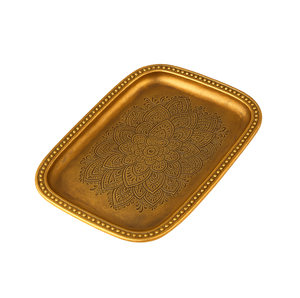 Polished <b>Gold</b> <b>Serving</b> <b>Tray</b> Flower Pattern <b>Tray</b> Durable Metal <b>Serving</b> <b>Tray</b> Indoor use Rectangle <b>Tray</b> - Product Image 1