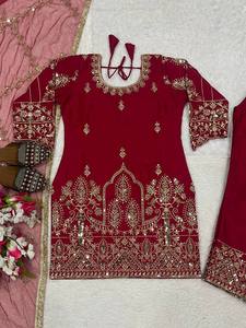 Conjunto de Salwar Kameez pakistaní de lujo con bordado de vino y dupatta de red, traje de diseñador étnico para fiestas y bodas para mujer - Product Image 5